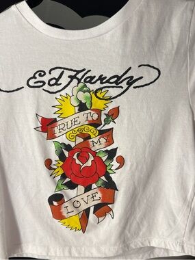 Ed Hardy White and Black Logo Crop Top